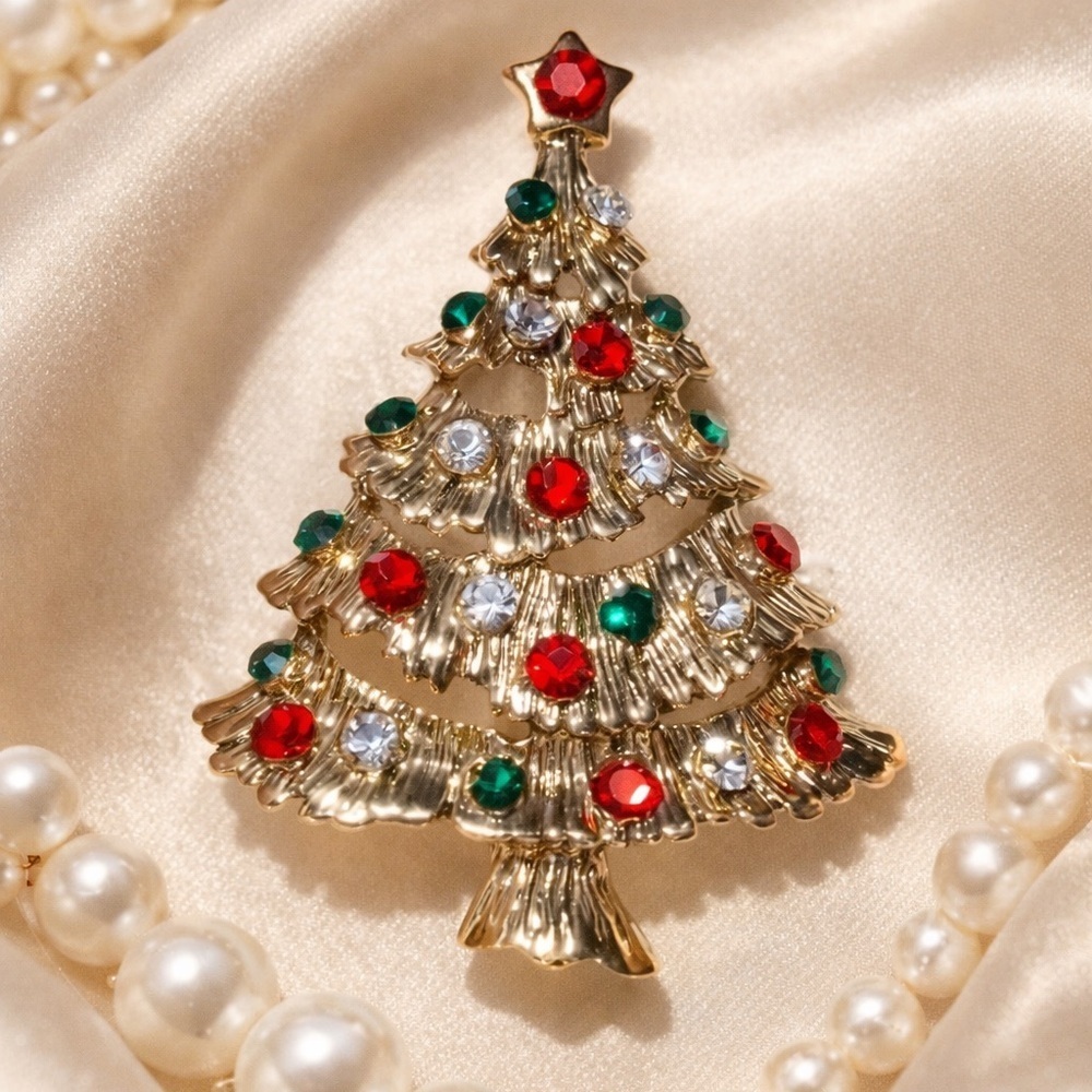 Christmas Tree Gold Crystal Brooch